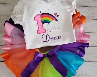 Rainbow Birthday Ribbon Trim Tutu Outfit