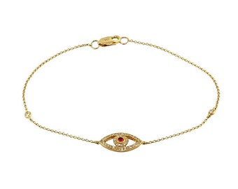 0.20tcw Pavé Diamonds & Ruby in 14K Gold Evil Eye Charm Bracelet