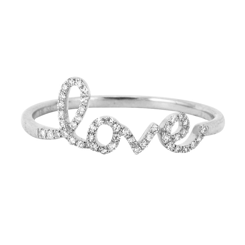 0.10ct Round Diamonds in 14K White Gold Scribed Word LOVE Statement Stackable Ring