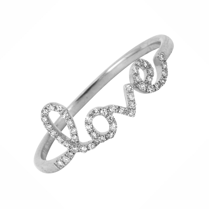 0.10ct Round Diamonds in 14K White Gold Scribed Word LOVE Statement Stackable Ring