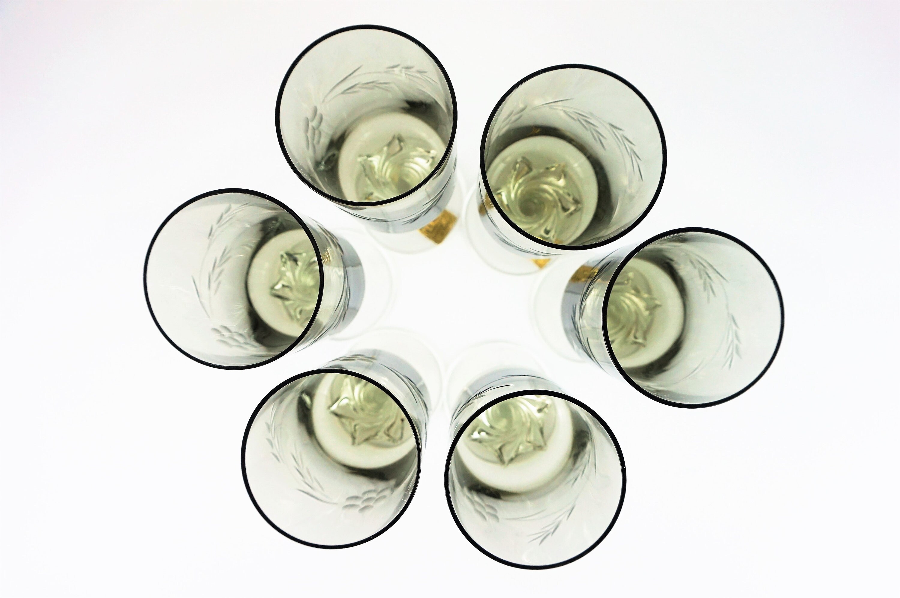 Vintage Smokey Grey Twisted Stem Glasses // Crystal Etched Etsy UK