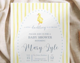 Invitaciones para baby shower de patito, invitaciones para baby shower de género neutro, invitaciones para baby shower de acuarela, plantilla personalizable, plantilla de Canva