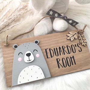 Cute Scandi Bear Oak Veneer Name Plaque. Woodland Bedroom, Nursery, Playroom Door, New Baby, Children's Gift