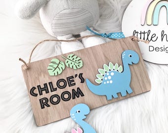 Dinosaur Oak Veneer Name Plaque. Bedroom or Nursery Door Sign, Prehistoric, Jurassic Playroom Sign, New Baby, Children's Gift