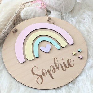 20cm Engraved Wooden Rainbow Circle Name Plaque, Personalised bedroom door or nursery sign. Pastel Rainbow Colours and Stars