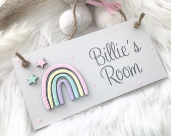 Boho Pastel Rainbow Name Plaque. Personalised bedroom door or nursery. Wooden stars, vinyl letters. Kids, Children's Sign