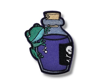 Geborduurde stoffen patch, drankje, gif, kikker, paars, schedel en botten, ijzeren applicatie, lijm, ambachten, badge