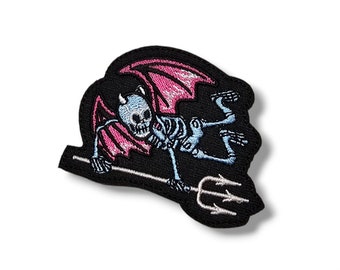 Embroidered fabric patch, Skeleton, horns, wings, fork, black, demon, gothic, iron application, glue, crafts, Badge