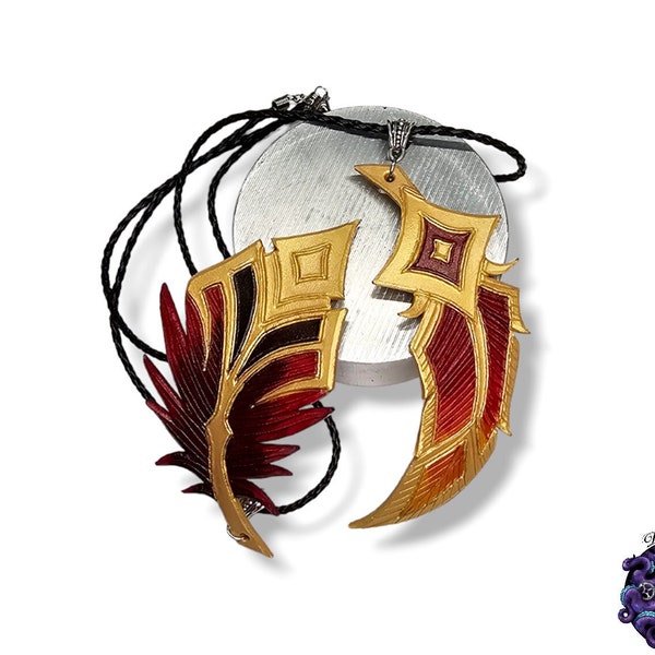 Arcana, Xayah, Rakan, Necklace, genuine leather, engraved, Feather, inspired, Cosplay