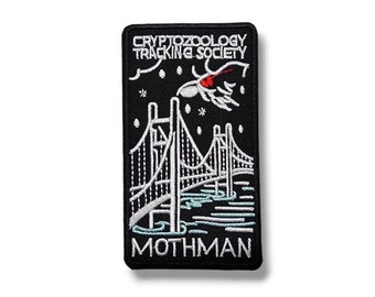 Embroidered fabric patch, Mothman, cryptozoology tracking society, urban legend, iron application, glue, crafts, Gothic, Badge