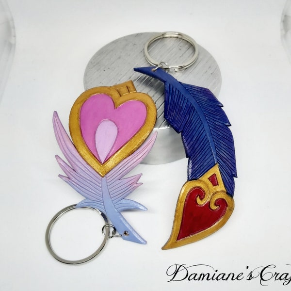 Sweetheart, Keychain, genuine leather, engraved, Feather, inspired, Rakan andXayah, Cosplay, Leather feather, key chain, inspired, Rakan and Xayah