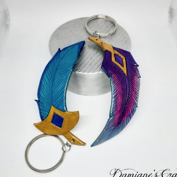 Star Guardian, Keychain, genuine leather, engraved, Feather, inspired, Rakan Xayah, Cosplay, Leather feather, key chain, inspired, Rakan and Xayah