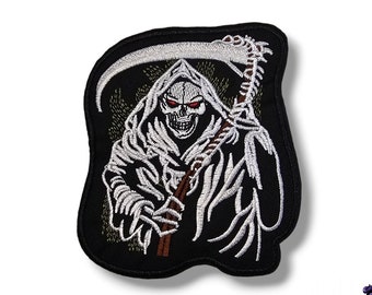 Geborduurde stof patch, dood, reaper, nep, dood, zwart, gotisch, ijzeren applicatie, lijm, ambachten, badge