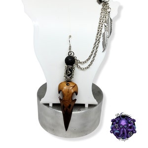 boucle d'oreille, cuff, crâne corbeau, cuir, avec plumes, Rune, Viking, Leather, raven, crow skull, leather, earring, cuff, Viking, feather