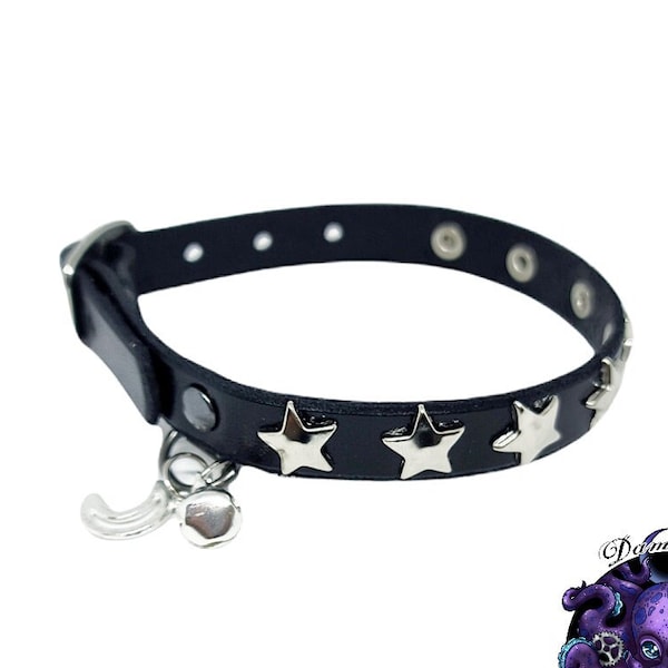 Collier pour chat, ombré, Étoiles, rivets, lune, sorciere, en cuir véritable, grelot, Leather cat collar, Stars rivet, witch, moon, bell