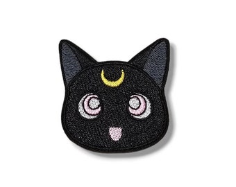 Embroidered fabric patch, Badge, Cat, Luna, TV series, anime, Sailor Moon, iron application, glue, crafts, Badge