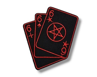 Parche de tela bordado, Cartas, 666, pentagrama, rojo, negro, gótico, aplicación de hierro, pegamento, manualidades, Chapa