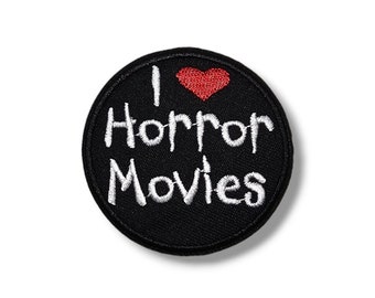 Geborduurde stoffen patch, ik hou van horrorfilms, ik hou van horrorfilms, hart, zwart, gotisch, ijzeren applicatie, lijm, ambachten, badge