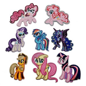 Geborduurde stoffen patch, badge, chibi, kawaii, pony, paard, klein, schattig, roze, regenboog, tv-serie, anime, cartoon, strijkapplicatie, lijm