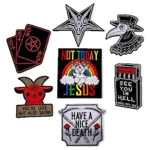 Patch tissu Brodé, Lucy, Diable, Do it, 666, carte, pentacle, médecin, peste, enfer, gothique, application fer, colle, artisanat, Écusson