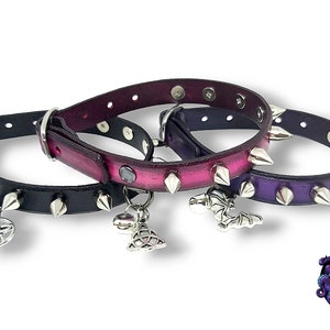 Cat collar, ombré, spikes, Magic, pentagram, triskel, triquetra, real leather, bell, Leather cat collar, spike