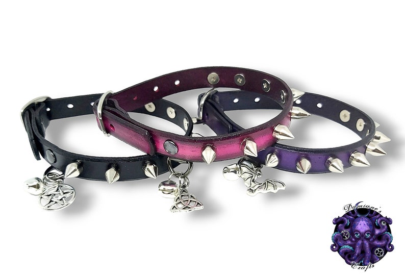 Cat collar, ombré, spikes, Magic, pentagram, triskel, triquetra, real leather, bell, Leather cat collar, spike image 1