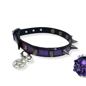 Cat collar, ombré, spikes, Magic, pentagram, triskel, triquetra, real leather, bell, Leather cat collar, spike image 2