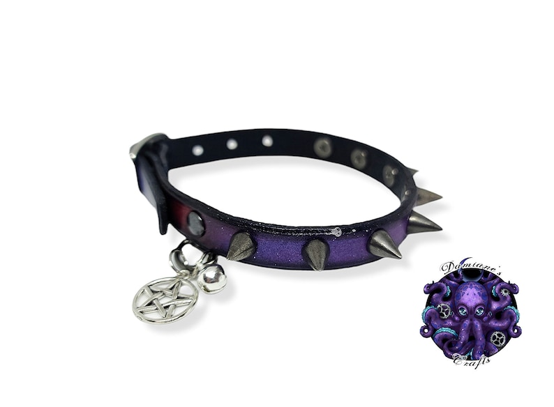Cat collar, ombré, spikes, Magic, pentagram, triskel, triquetra, real leather, bell, Leather cat collar, spike image 2