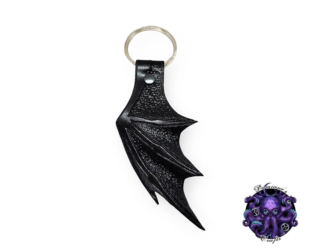 Leather Keychain Bat Wing Real Leather Embossed Key Chain 