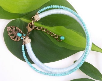 Turquoise and brass leaf bracelet . Light blue beaded bracelet . philodendron leaf charm bracelet . choose your length + 1" chain