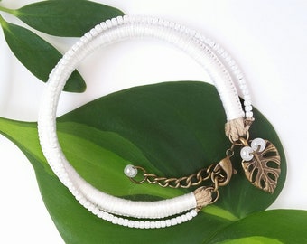 White Monstera leaf bracelet . Two-strand thread bracelet with beads and tropical leaf charm . choose your length + 1" chain