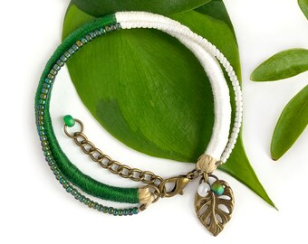 Beaded Half Moon Monstera leaf bracelet . variegated Monstera gift for plant lady . choose your length + 1" chain