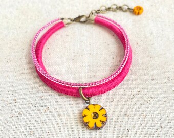 Bright magenta bracelet with Czech glass flower beads and fuchsia bead strand . 2 strand bracelet . choose your length + 1" chain