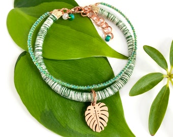 White Monster bracelet with rose gold Monstera leaf charm . variegated Monstera lover gift . choose your length + 1" chain