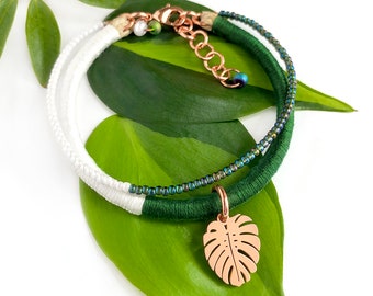 Half Moon Monstera bracelet with rose gold leaf charm and bead accents . variegated Monstera deliciosa . choose your length + 1" chain