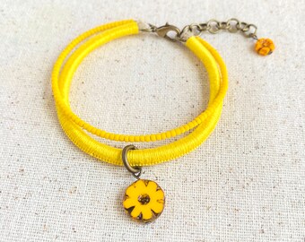 Dandelion yellow bracelet with Czech glass flower beads and bright yellow bead strand . 2 strand bracelet . choose your length + 1" chain
