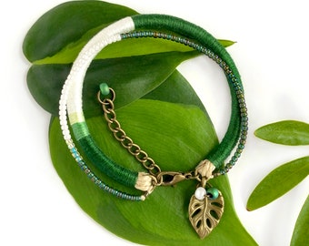Sectoral variegation Monstera bracelet with glass bead strand and Monstera leaf charm . plant lover gift . choose your length + 1" chain