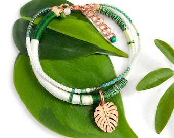 Monstera Albo bracelet with rose gold Monstera leaf charm . Monstera borsigiana albovariegata . choose your length + 1" chain