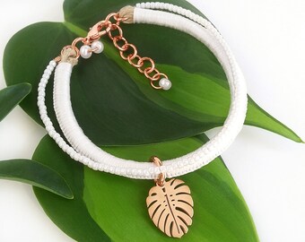 White and rose gold Monstera leaf bracelet . White tropical leaf bracelet . choose your length + 1" chain