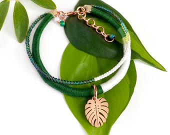 Variegated Monstera bracelet with rose gold leaf charm and bead accents . sectoral Monstera deliciosa . choose your length + 1" chain