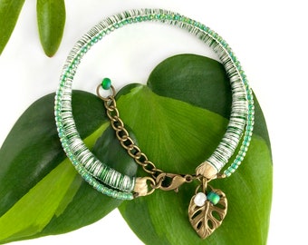 White Monster beaded bracelet . Monstera leaf bracelet for plant moms . choose your length + 1" chain