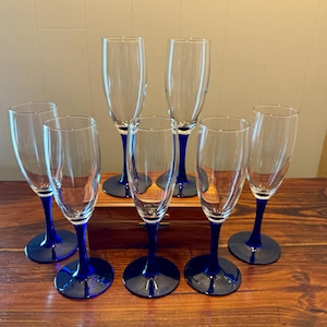 7 Cobalt Stem Vintage Champagne Flutes by Cristal D'Arques-Durand