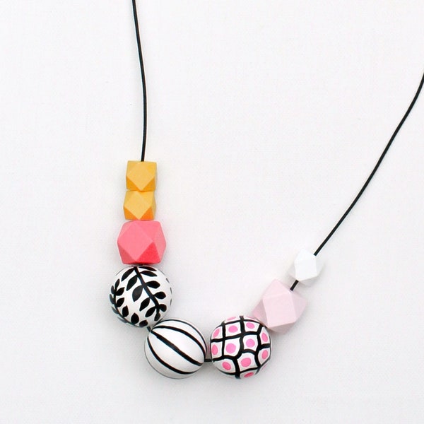 Chunky bead necklace/wooden necklace/modern necklace/colorful/abstract/statement necklace/yellown/ spring/ pink /black/ white/ polka dots