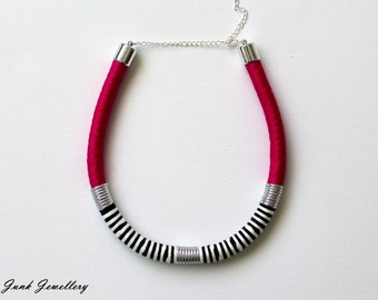 Statement rope necklace/bib necklace/handmade jewelry/rope jewellery/color block/hot pink/black and white/silver/striped pattern/for her