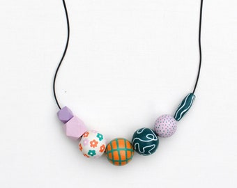 Chunky bead necklace/wooden necklace/modern necklace/colorful/abstract/statement necklace/floral/spring/lilac /green/ white/orange/polka dot