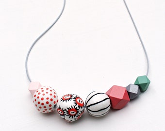 Chunky bead necklace/wooden necklace/modern necklace/colorful/ abstract/statement necklace/oversized/ spring/peach / black/ white/polka dots