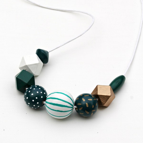 Chunky bead necklace/modern necklace/wooden necklace/ colorful/ abstract/statement necklace/oversized beads/green/gold/white/polka dots