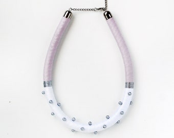 Statement rope necklace/rope jewelry/handmade jewelry/polka dot/lilac/white/silver/beads/for her/gift ideas/spring/summer style