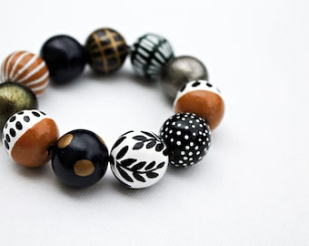 Chunky bead bracelet/wood bracelet/large bead jewelry/geometric jewelry/statement bracelet/oversized/mustard/green/polka dot/gold/stripes