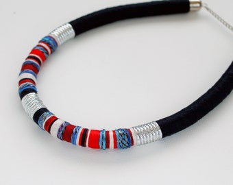 Statement rope necklace/bib necklace/handmade/rope jewelry/minimalist/color block/black/red/blue/colorful/silver/striped/her/summer necklace